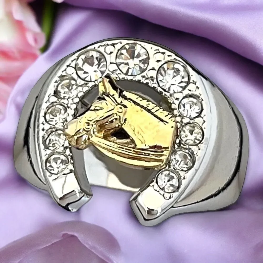 Vintage 1980s Ring Size 9 Horseshoe Horse CZ Two Tone Gold Plated - 14P